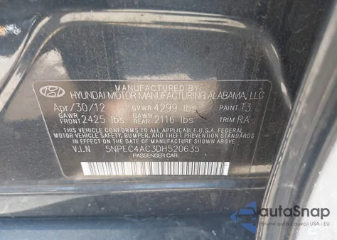 2013 Hyundai Sonata Se z USA, uszkodzony, nr VIN 5NPEC4AC3DH520635